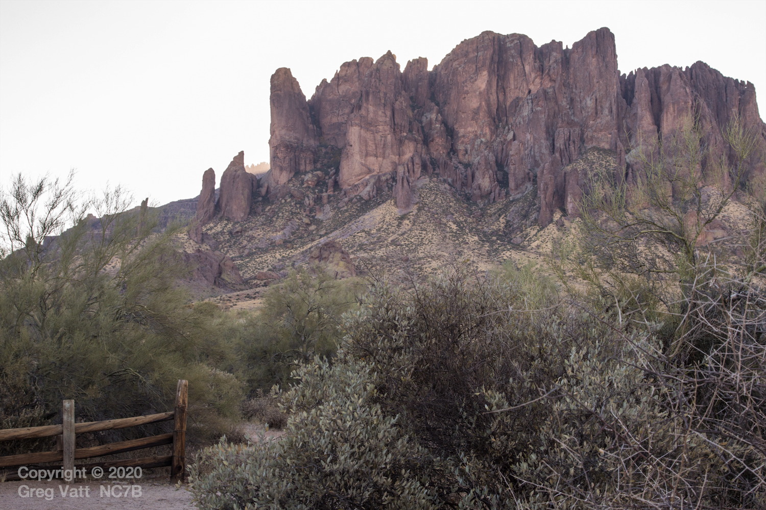 Looking toward the east, the morning sun is about to rise behind the Superstition Mountains.